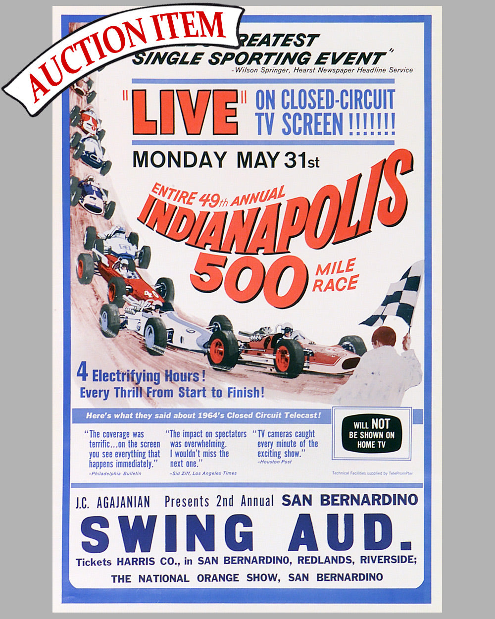 1965 49th Indianapolis 500 Live TV Coverage original event advertising poster