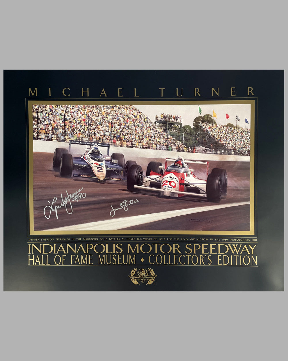 1989 autographed Indianapolis museum poster by Michael Turner, autographed by 2 drivers