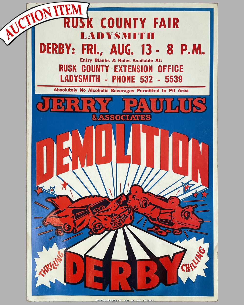 Jerry Paulus Demolition Derby, mid 1970’s at Rusk County Fair Wisconsin original poster