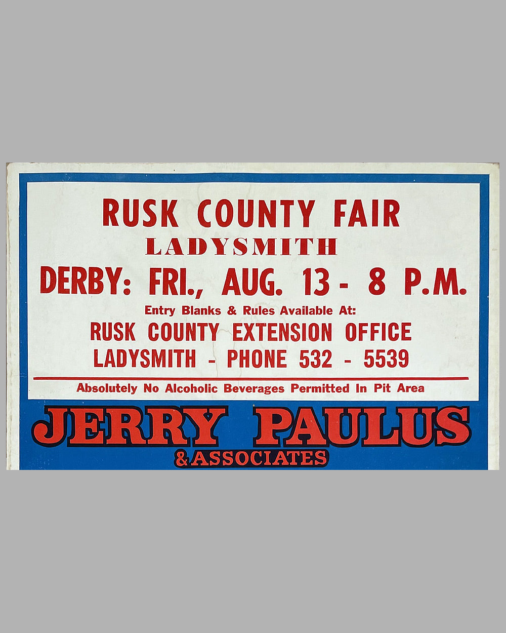 Jerry Paulus Demolition Derby, mid 1970’s at Rusk County Fair Wisconsin original poster 2