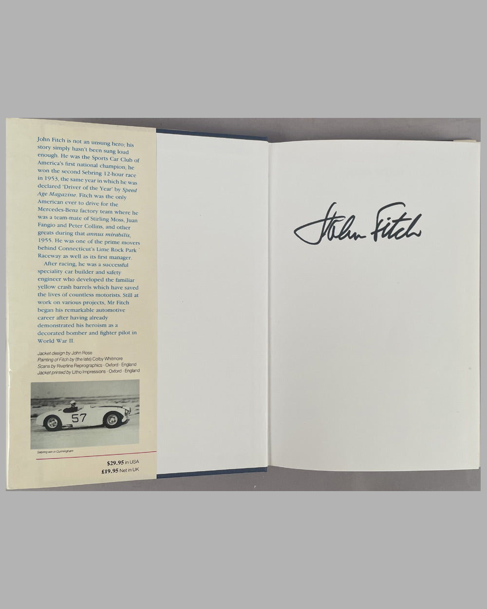 John Fitch - Racing Through Life book by James Grinnell, 1993, 1st edition, signed by the author and hand autographed by John Fitch, authorized biography 2