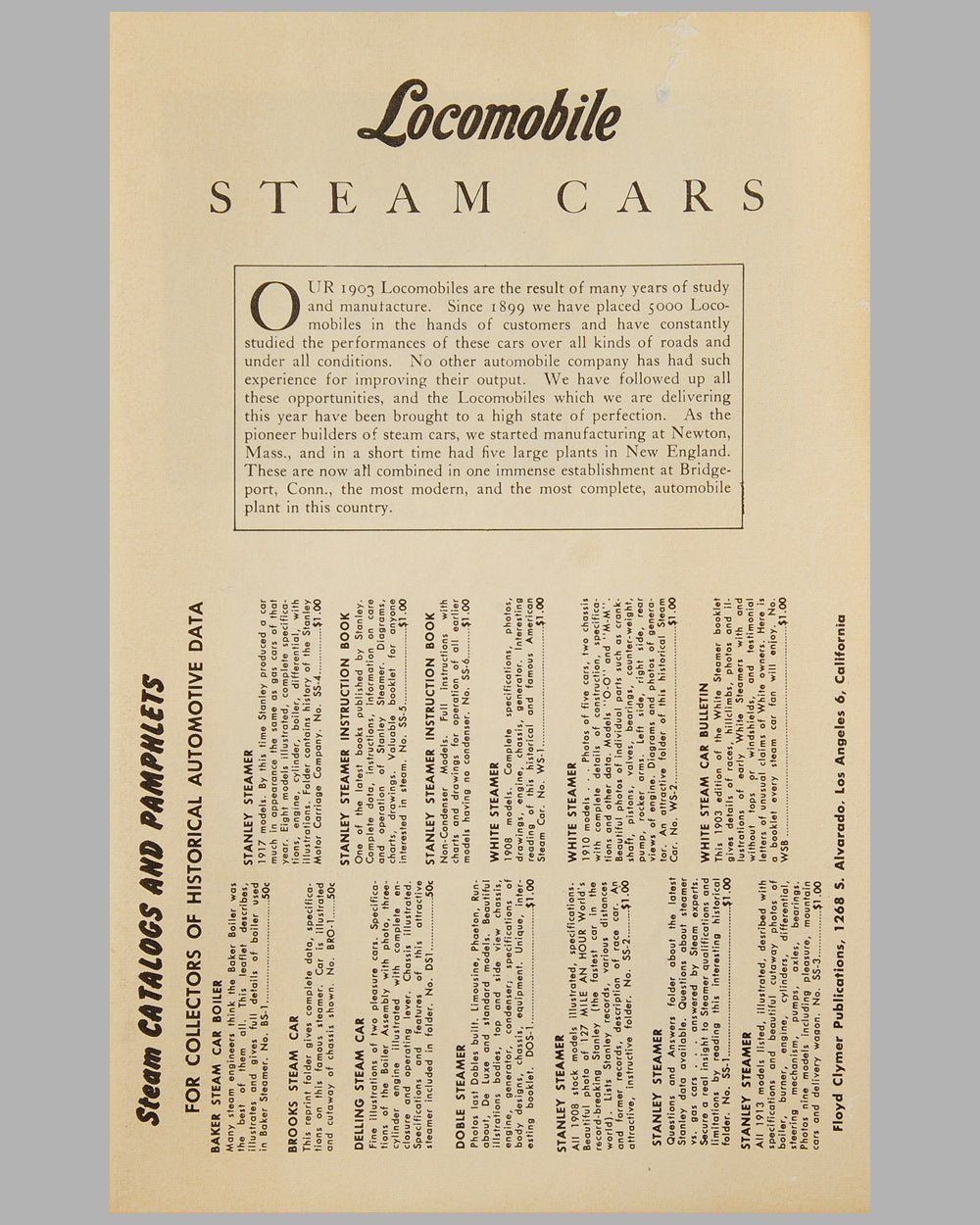 1903 Locomobile Steam Cars sales catalog reprint by Floyd Clymer, c. 1950