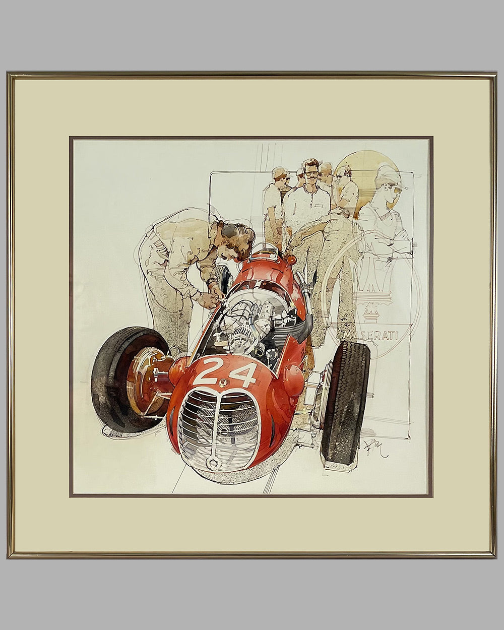 Post war Maserati Grand Prix car painting by Dennis Brown