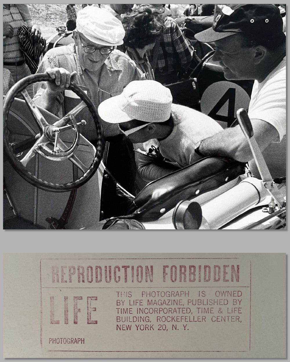 Alfred Momo and admirers with Briggs Cunningham’s Mercedes b&amp;w photograph 2