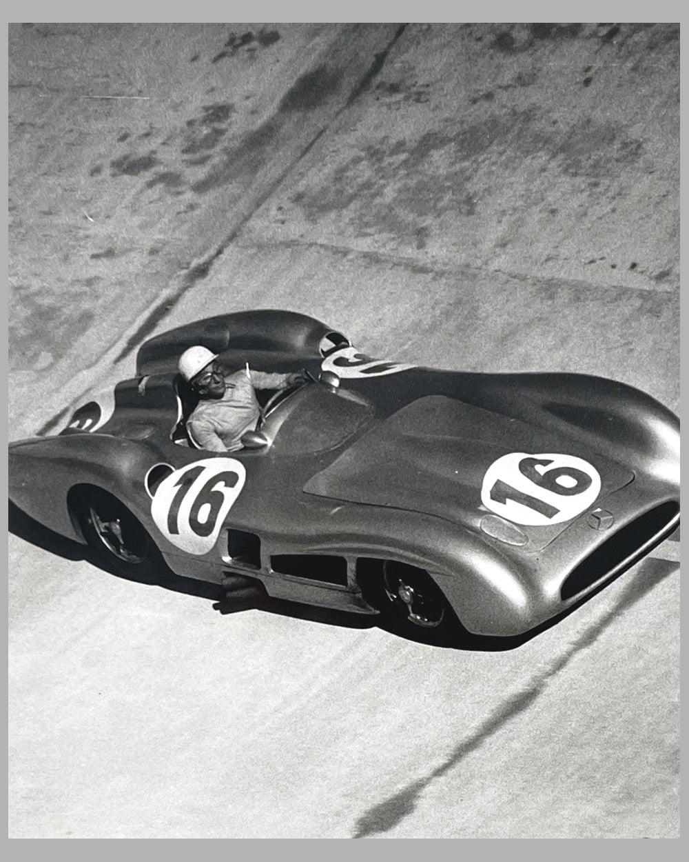 Stirling Moss at speed 1955 b&w photograph 2