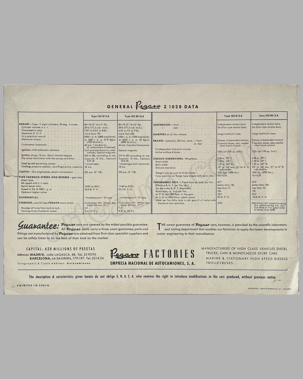 Pegaso Tipo 102B by Touring original factory sales brochure, 1950’s 3