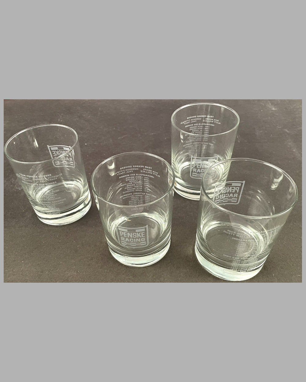 Set of four Penske Racing cocktail glasses, 1991