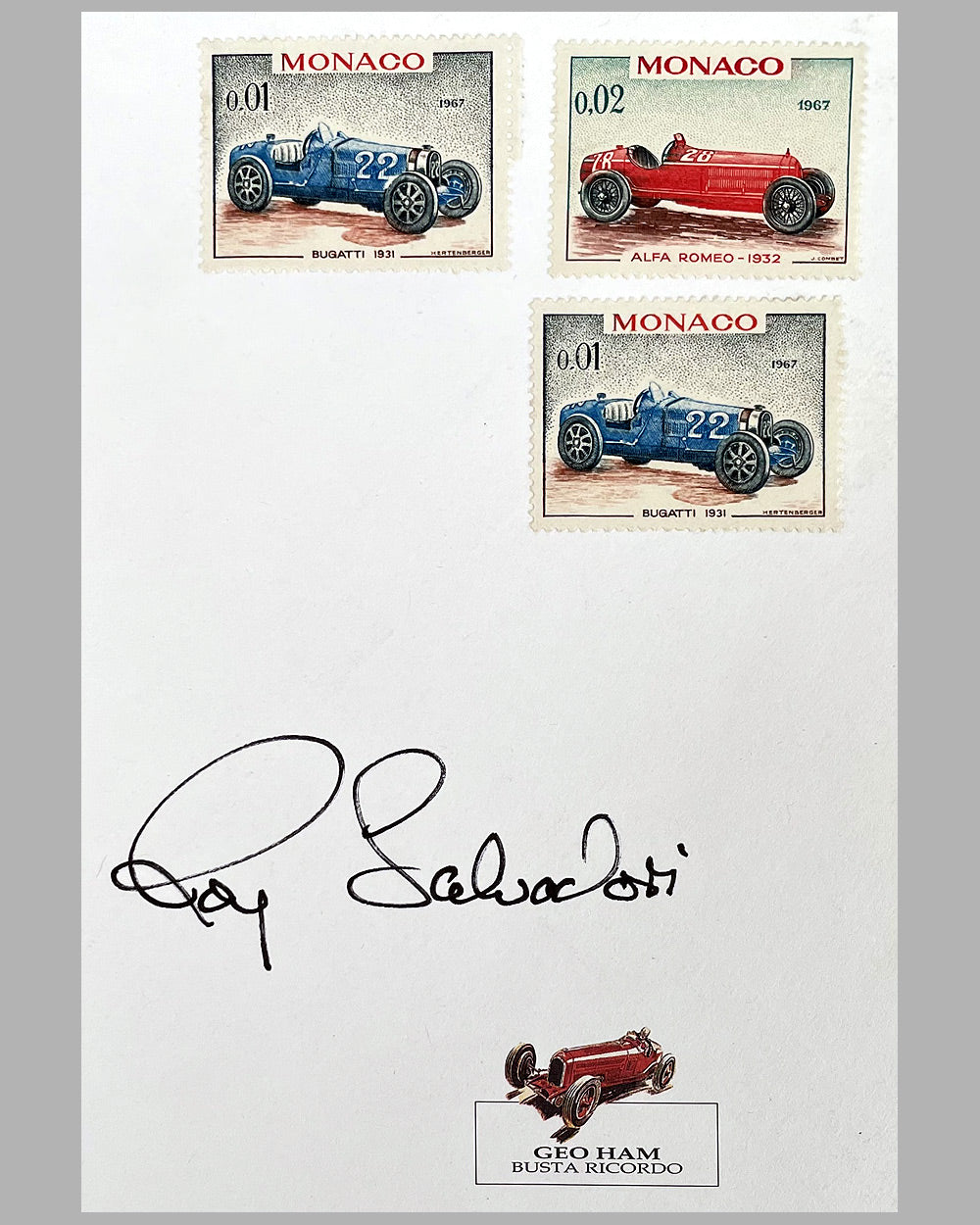 Piloti da Leggenda envelope with illustration by Geo Ham, autographed by Roy Salvadori 3