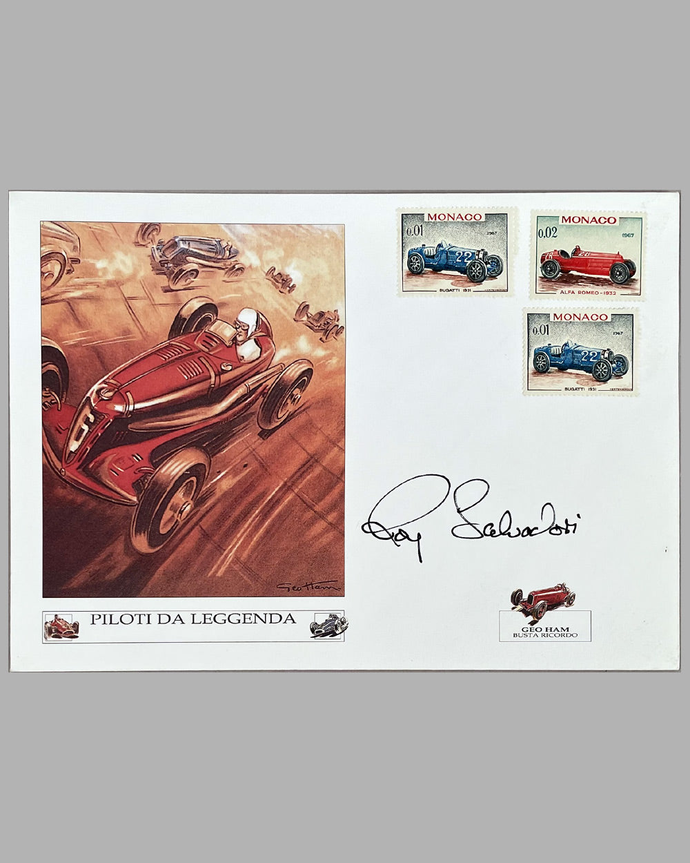 René Dreyfus at the Grand Prix of Dieppe in 1935 print by Peter Hearsey, 1991, autographed by Dreyfus