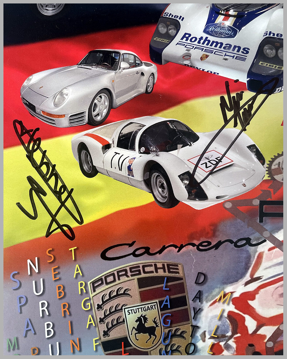 Porsche 75th Anniversary factory poster, autographed by 7 drivers 2