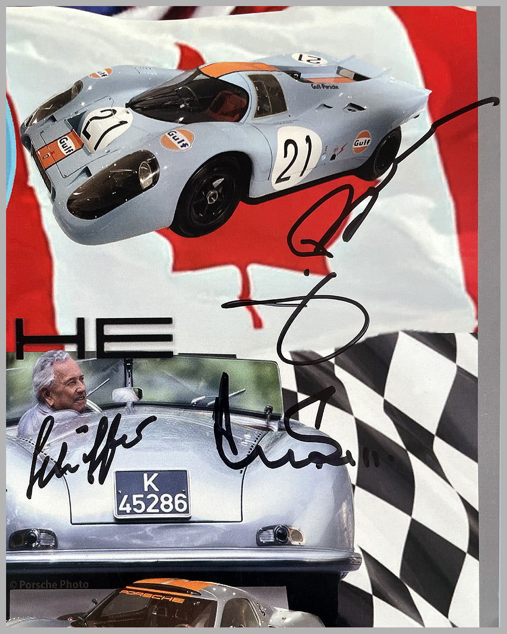 Porsche 75th Anniversary factory poster, autographed by 7 drivers 4
