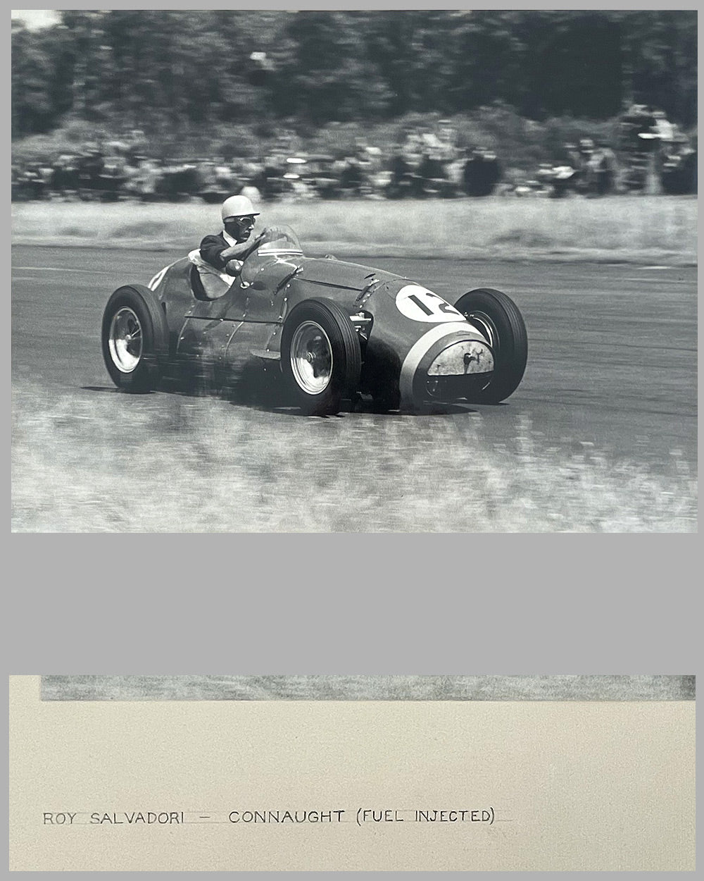 Roy Salvadori in his fuel injected Connaught Formula 1 car at speed b&amp;w photograph by T.C. March 2