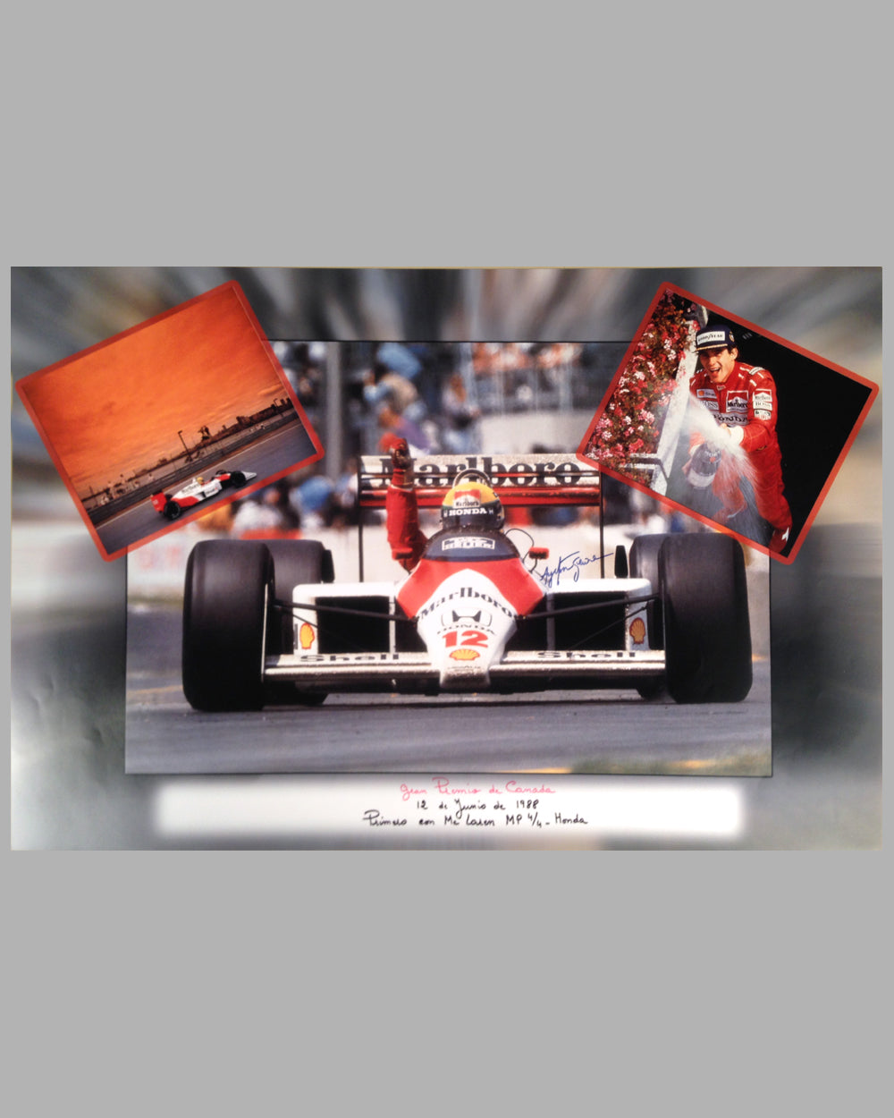 Ayrton Senna’s McClaren Honda MP4/4 color photos by Fernando Gomez, autographed by Ayrton Senna