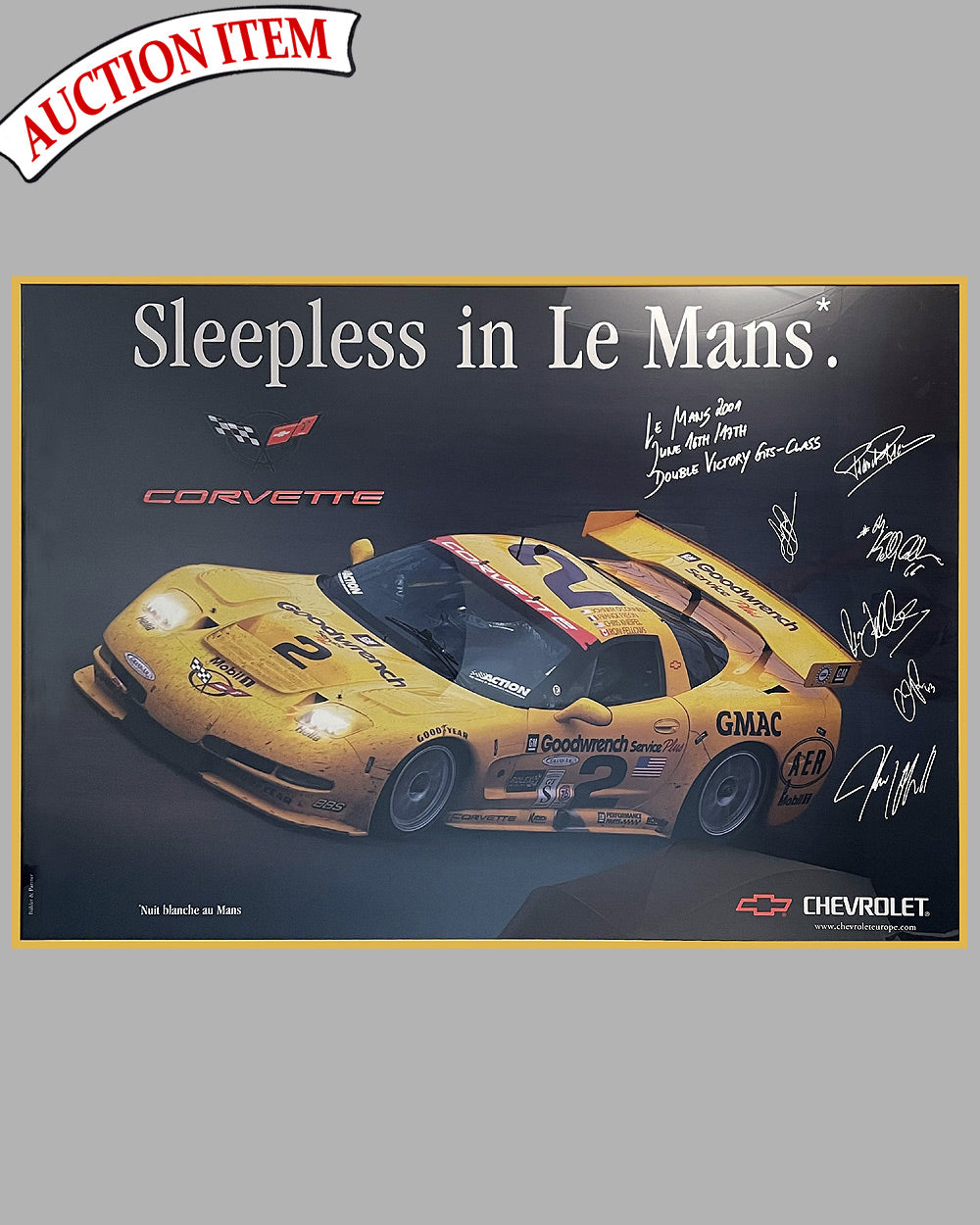 Sleepless in Le Mans large poster by Chevrolet, autographed by 6 drivers