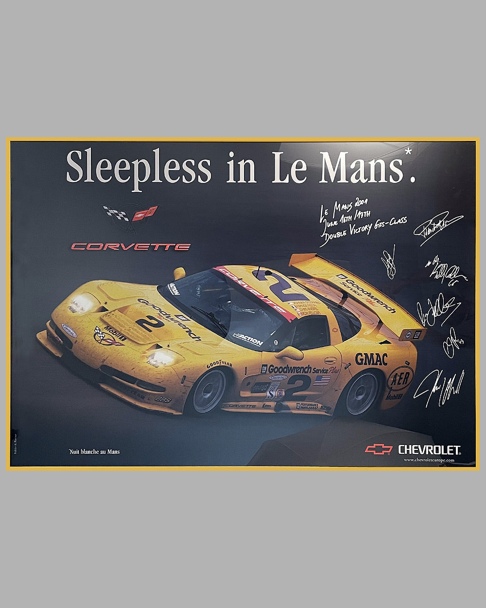 Sleepless in Le Mans large poster by Chevrolet, autographed by 6 drivers