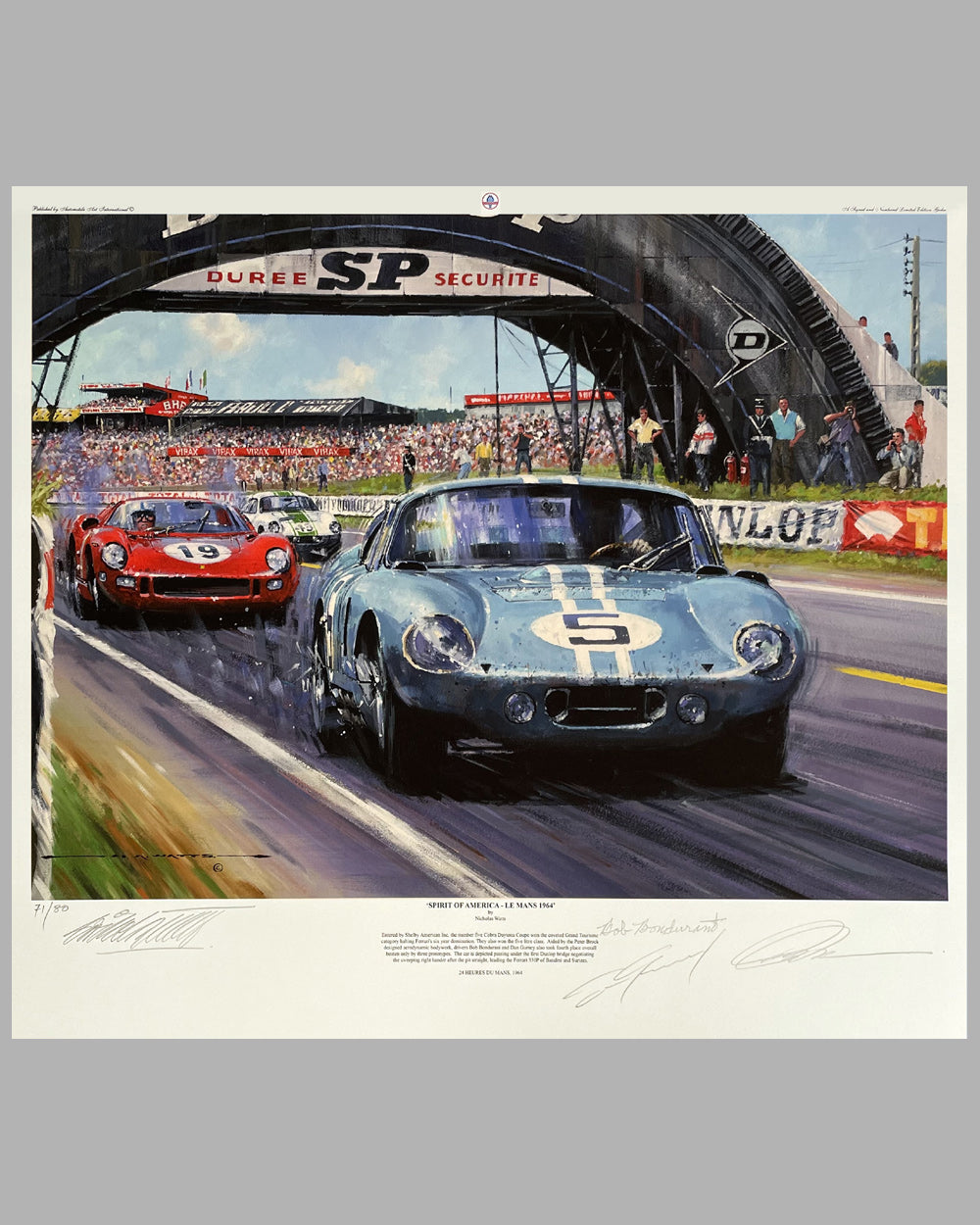 Spirit of America - Le Mans 1964 giclée by Nicholas Watts, hand autographed by Gurney and Bondurant