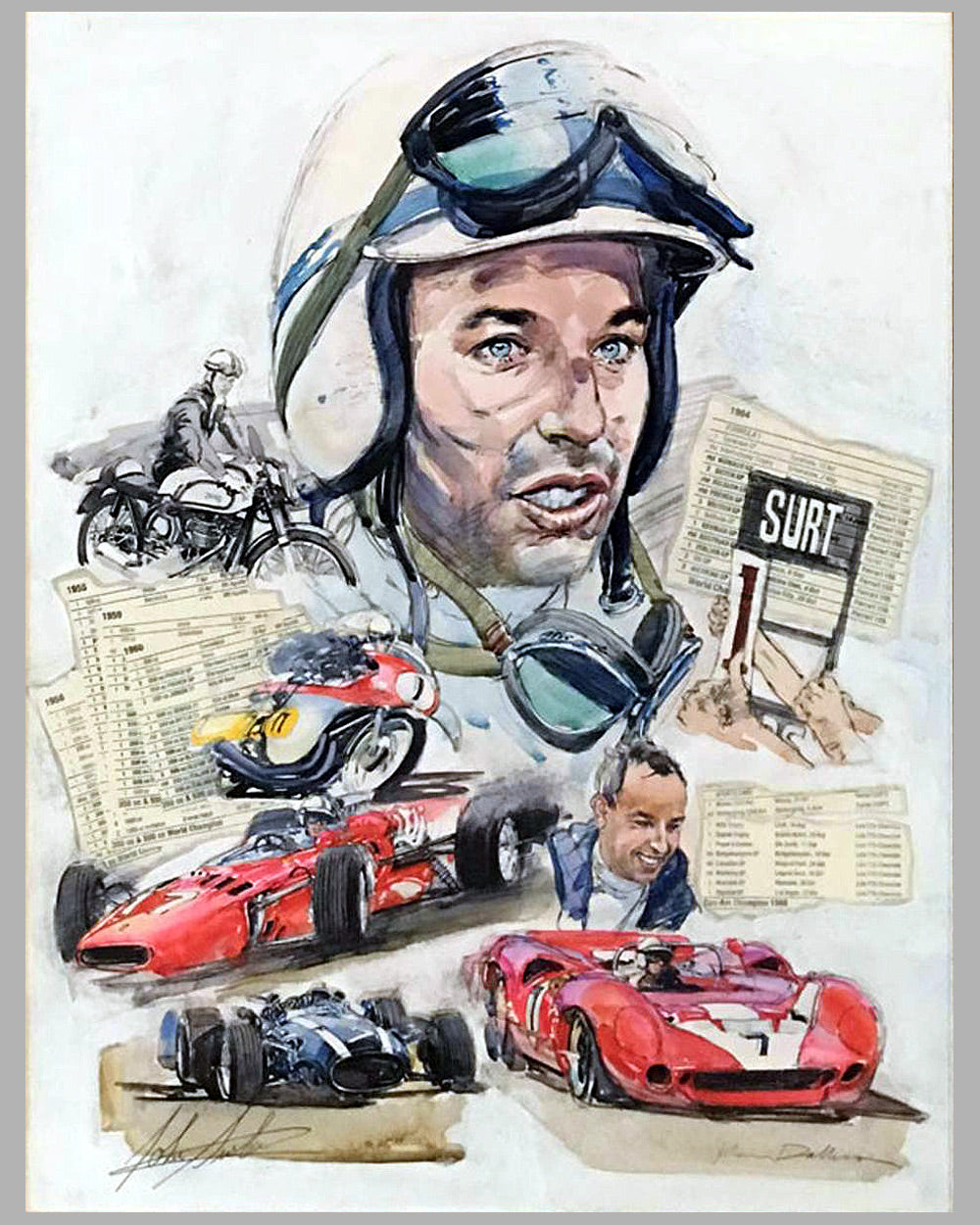 John Surtees Montage painting by Ken Dallison (2001), Autographed by John Surtees 2