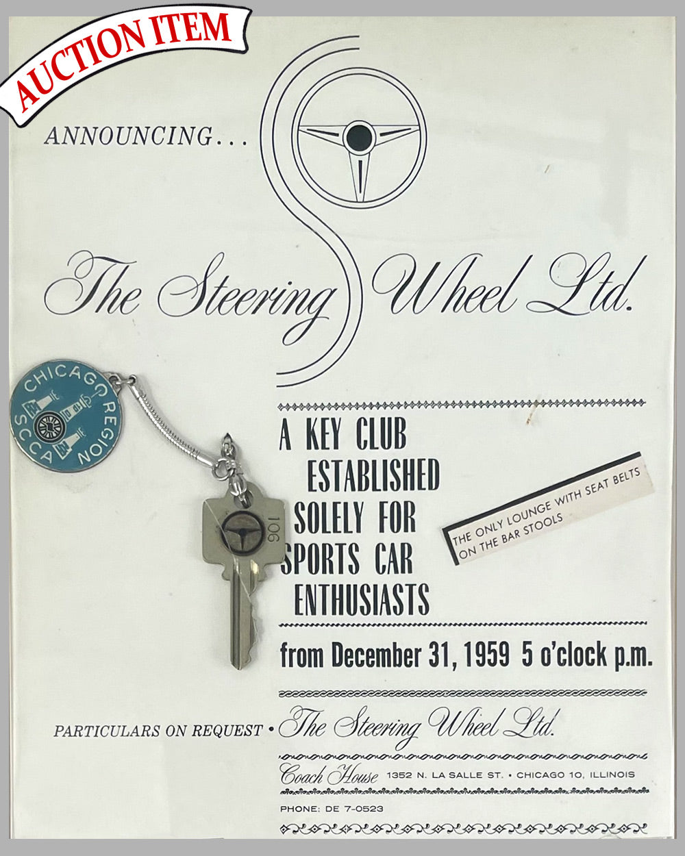 Members key and keychain for the Steering Wheel Club on N. La Salle St. in Chicago