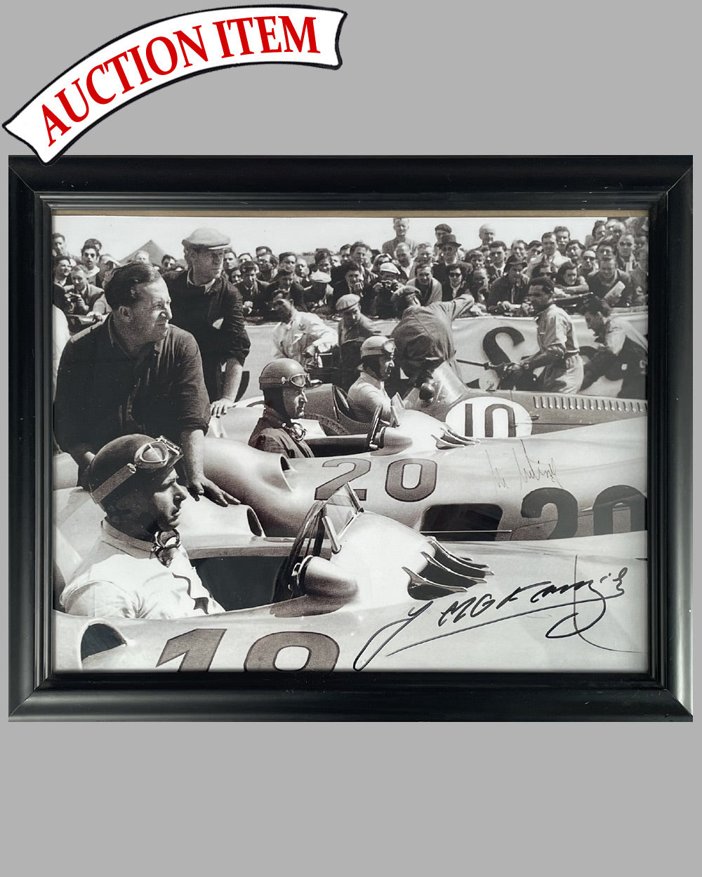 “The Start” b&amp;w photograph, hand autographed by Juan Manuel Fangio and Karl Kling