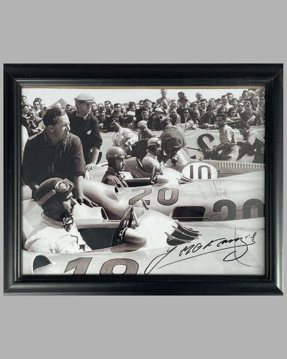 &quot;The Start&quot; b&amp;w photograph, hand autographed by Juan Manuel Fangio and Karl Kling