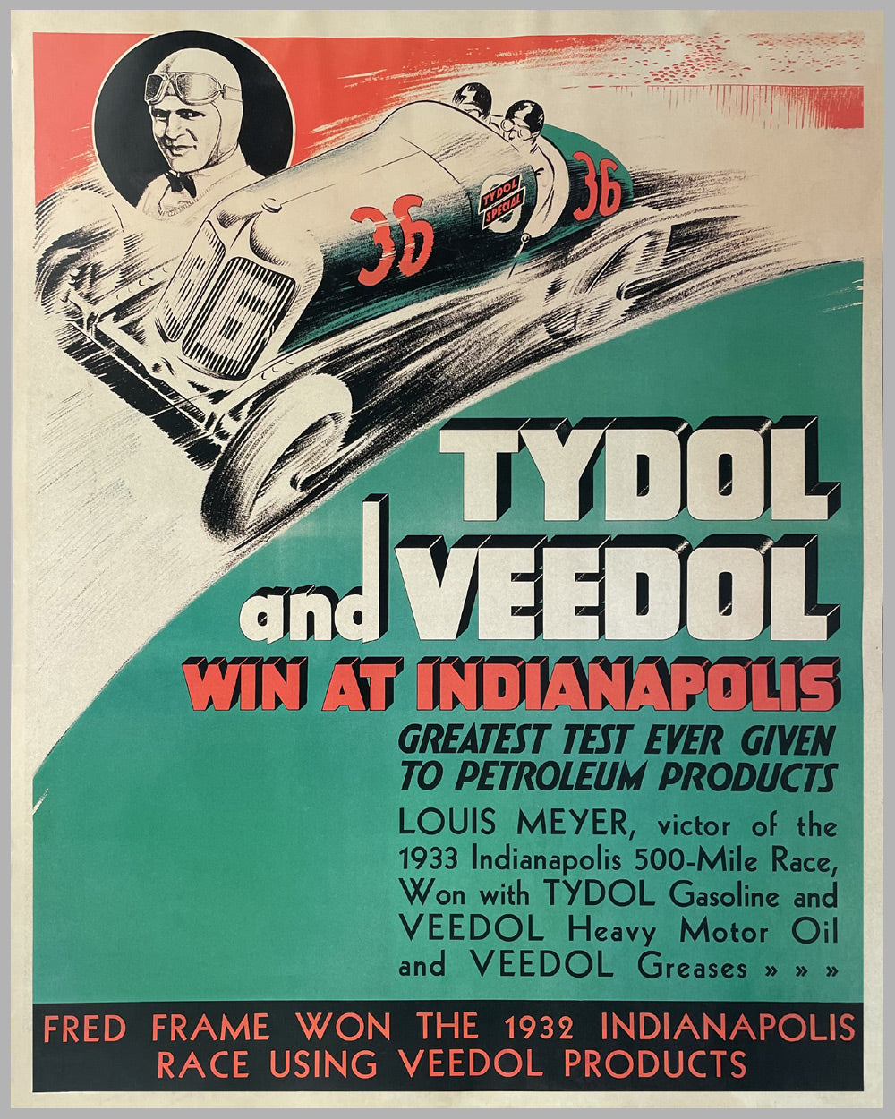 Tydol and Veedol advertising poster for winning the 1933 Indianapolis 500