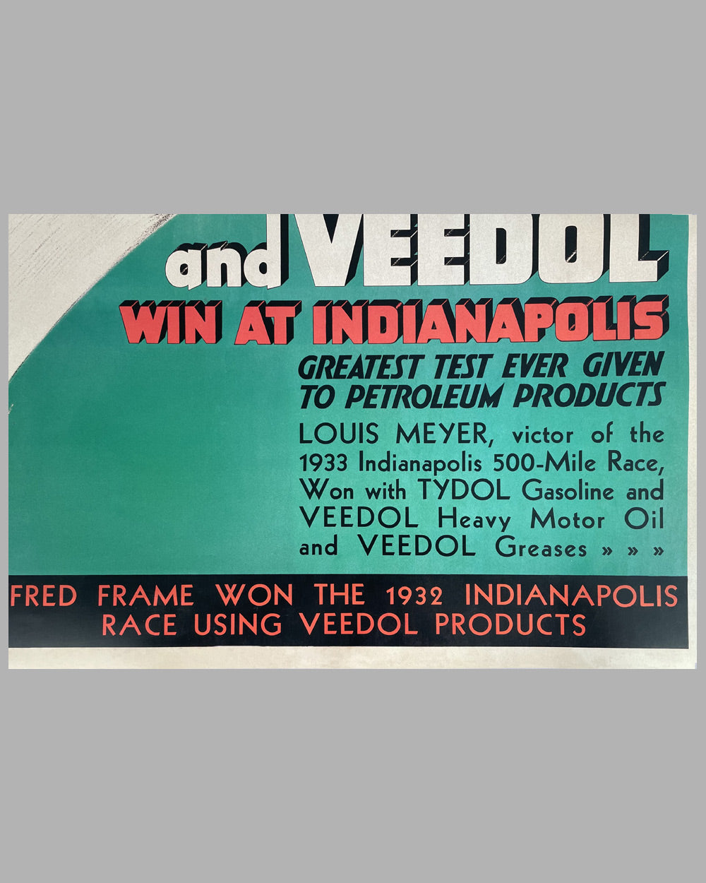 Tydol and Veedol advertising poster for winning the 1933 Indianapolis 500 3