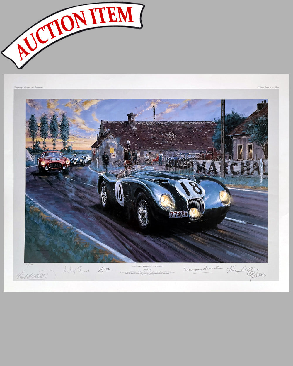 Jaguar at White House Le Mans 1953 print by Nicholas Watts, autographed by 4 drivers and the team manager