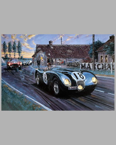 Jaguar at White House Le Mans 1953 print by Nicholas Watts, autographed by 4 drivers and the team manager 2