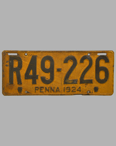 1924 Pennsylvania license plate, painted stamped metal