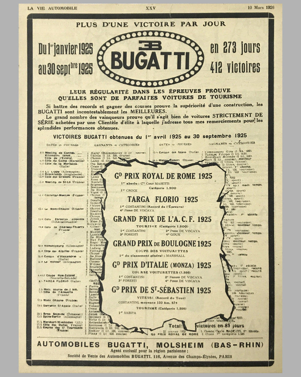 1926 - Bugatti original magazine ad, from March 10 issue of La Vie Automobile