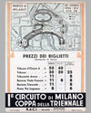 Featuring the map of the track in the Panko di Milano along with the price of tickets and seats, the race was won by Tazio Nuvolari in his Alfa Romeo, 13.75" x 9.75", printed on board, A- cond. (minor foxing and edge wear).