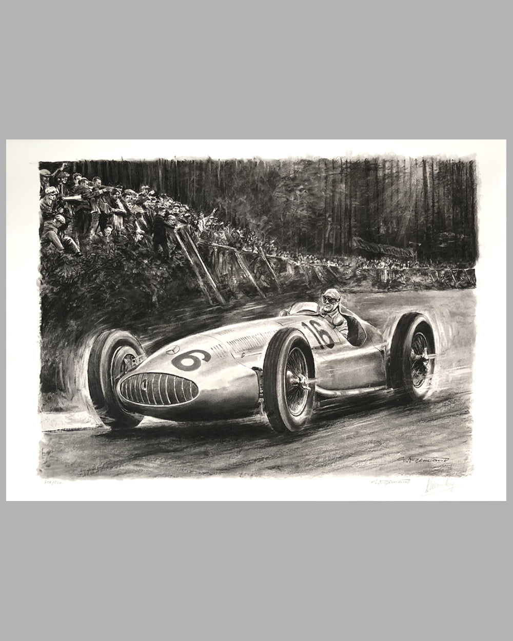 1939 German Grand Prix at the Nurburgring print by Carlo Demand, Autographed by Hermann Lang