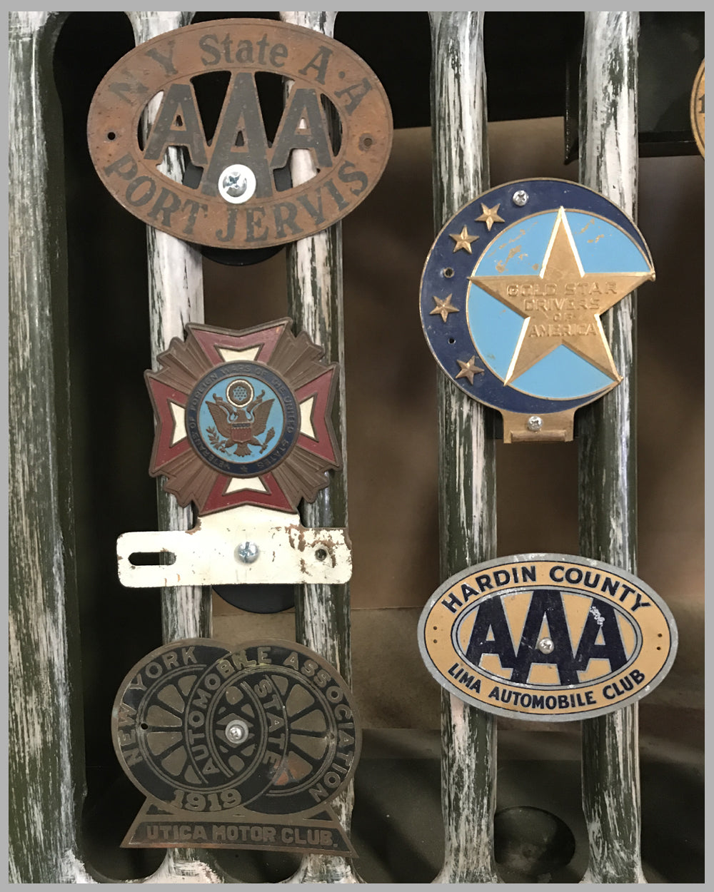 1940’s Army Jeep front grill with 8 vintage American Automobile Club badges 3