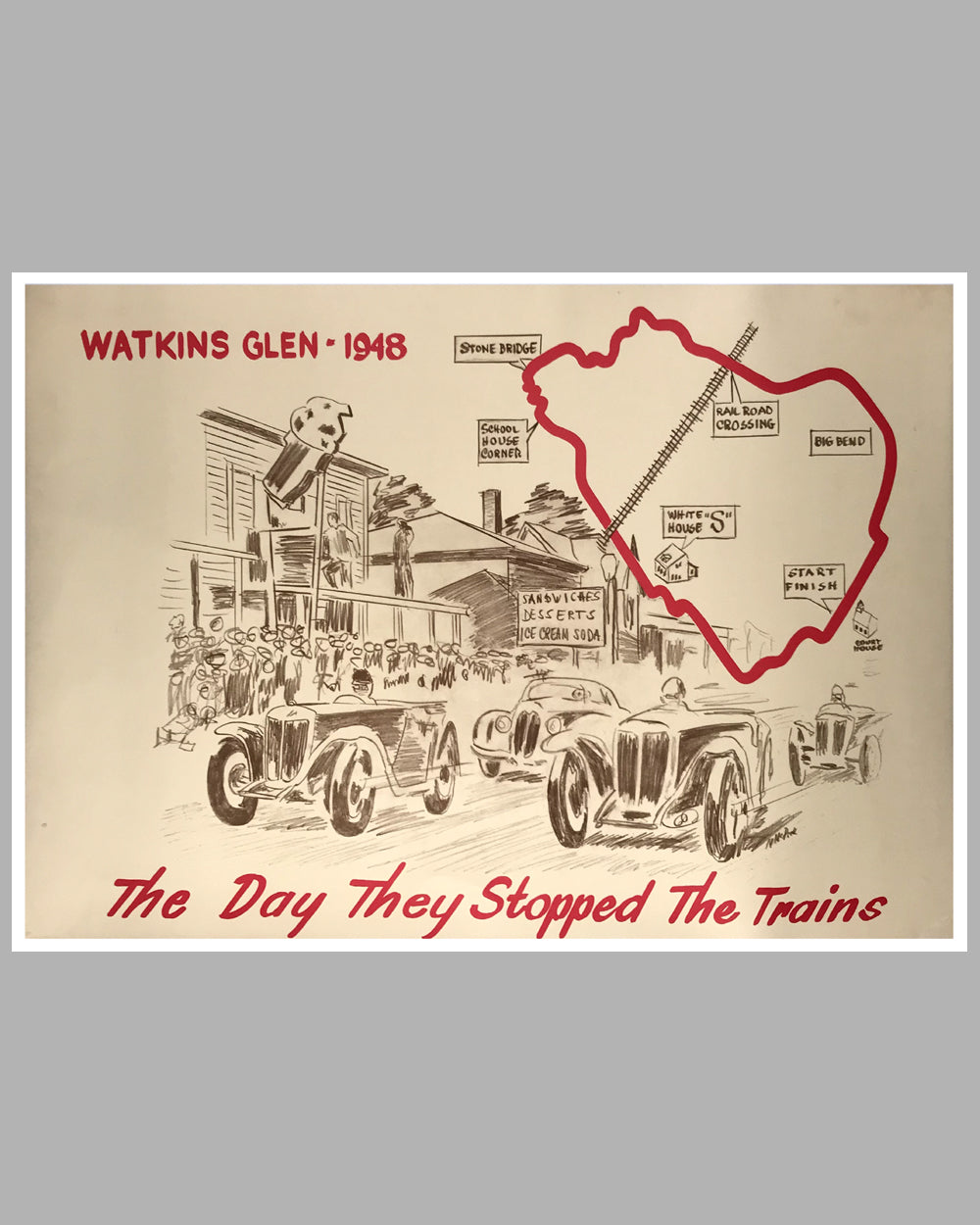 Watkins Glen 1948 &quot;The Day They Stopped The Trains&quot; poster by N. McPeek, 1972