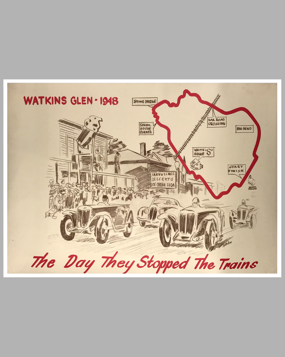 Watkins Glen 1948 "The Day They Stopped The Trains" poster by N. McPeek, 1972