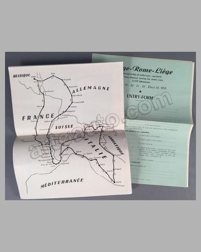Liege-Rome-Liege 1953 rally rule book for GT cars with course layout, entry forms, prices