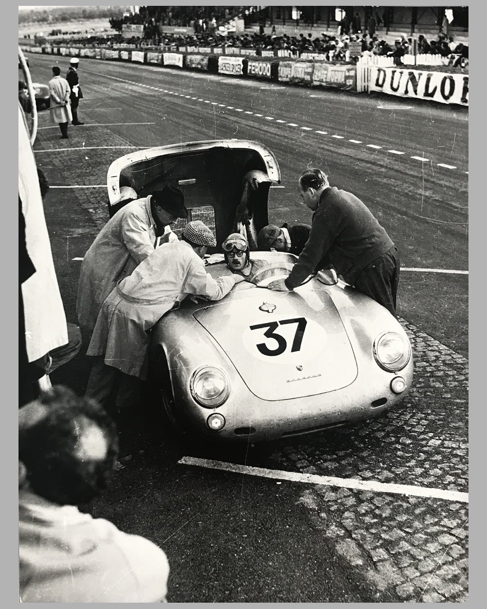 Porsche 550 at le Mans in 1955 b&amp;w photograph