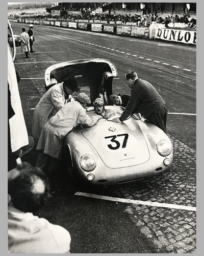 Porsche 550 at le Mans in 1955 b&w photograph