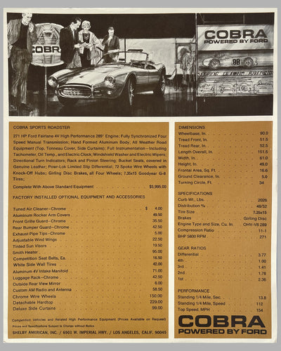 1963 Shelby Cobra with Ford 289 engine original sales sheet / brochure