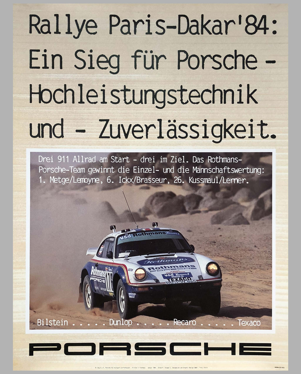 Porsche Factory Poster Rally Paris-Dakar 1984