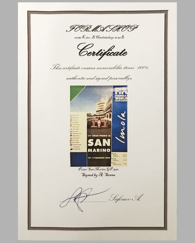 1992 Grand Prix of San Marino at Imola original poster, autographed by Ayrton Senna