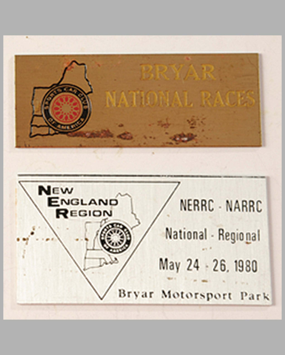 Two SCCA-Bryar participant’s dash plaques, National Races, 1960&#39;s