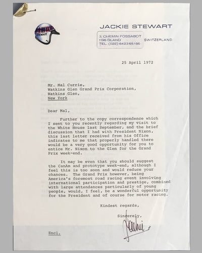 Set of 3 letters between Jackie Stewart, Malcolm Currie (Director of Watkins Glen G.P. Corporation) and President Nixon 4