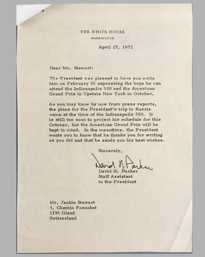 Set of 3 letters between Jackie Stewart, Malcolm Currie (Director of Watkins Glen G.P. Corporation) and President Nixon 5
