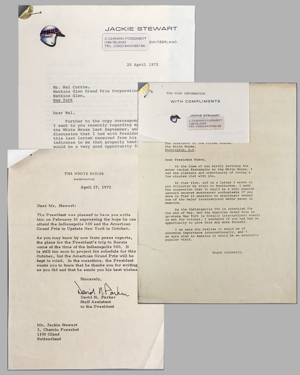 Set of 3 letters between Jackie Stewart, Malcolm Currie (Director of Watkins Glen G.P. Corporation) and President Nixon