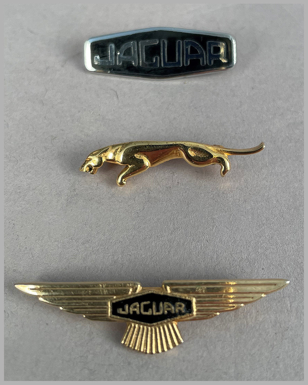 Collection of three 1950’s &amp; 1960’s Jaguar pins from the personal collection of Briggs Cunningham