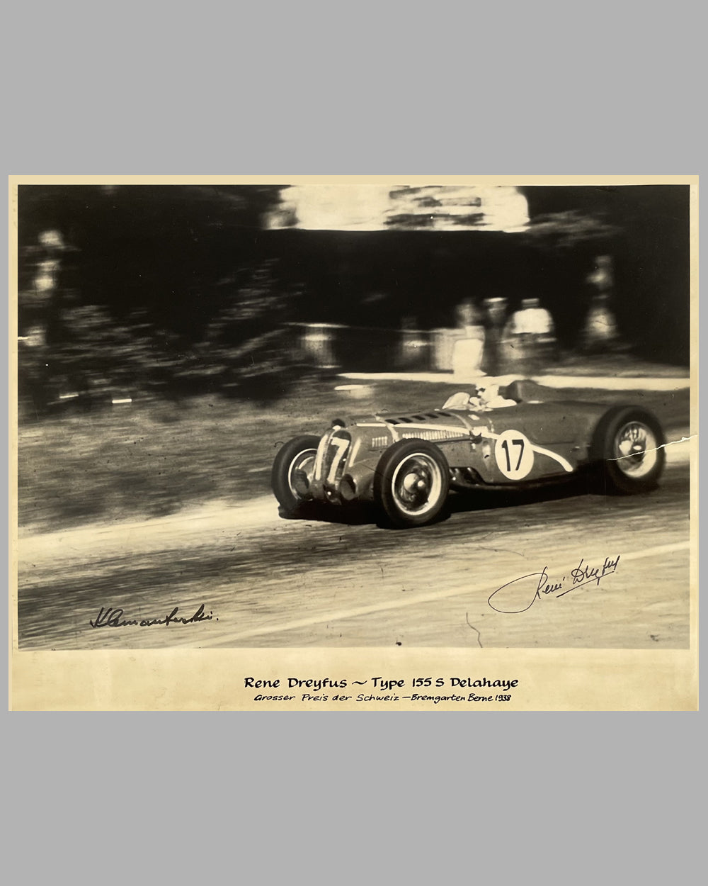 Delahaye b&amp;w photograph by Louis Klemantaski, autographed by Rene Dreyfus