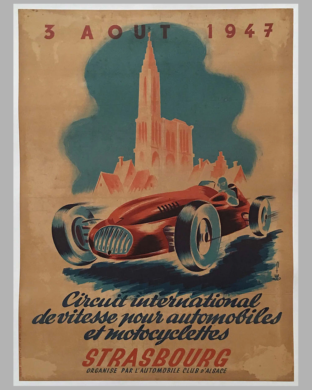 1947 Strasbourg Circuit International de vitesse pour automobiles et motorcycles original poster