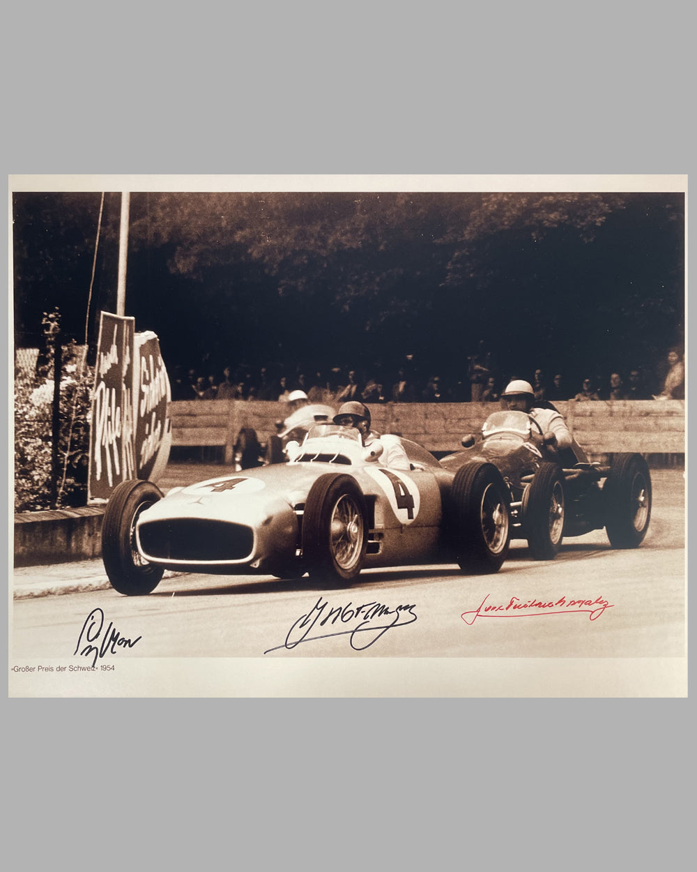 1954 Grand Prix of Switzerland photograph, autographed by Fangio, Moss & Gonzalez
