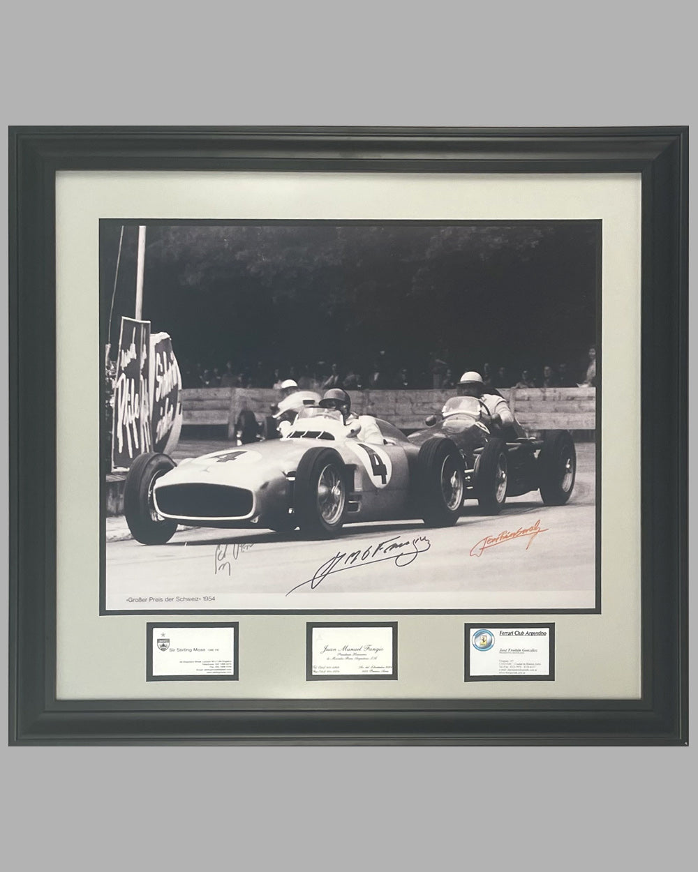 Swiss G.P. 1954 b&amp;w photograph in Bern, autographed by Moss, Fangio &amp; Gonzalez